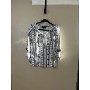 Fred David Women's White & Gray‎ Blouse size large long sleeve drawstring